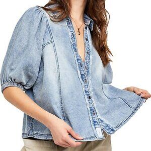 Free People Puffed-Sleeve Denim Shirt - Light Indigo